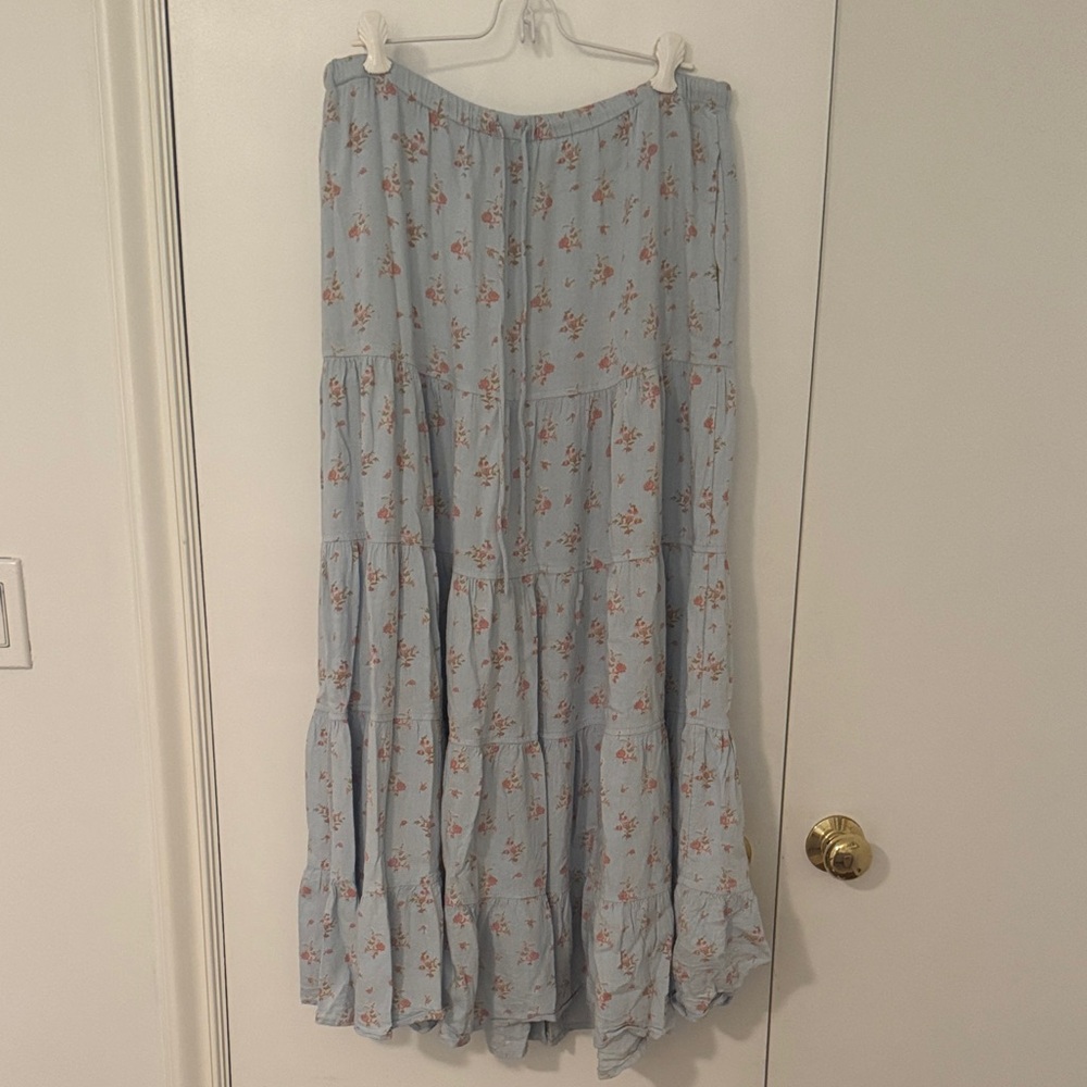 Free People Powder Blue Floral Tiered Maxi Skirt